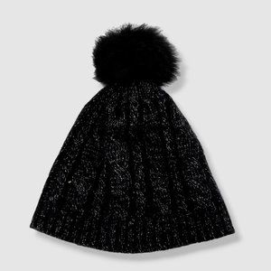 SofiaCashmere Black & Silver Metallic Beanie Hat w Genuine Shearling Pom Pom